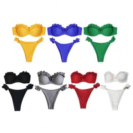 Sexy Strapless Padded Underwire Ruffle Solid Color Low Waist Women Bikini Set (LIGHT SLATE