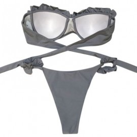 Sexy Strapless Padded Underwire Ruffle Solid Color Low Waist Women Bikini Set (LIGHT SLATE