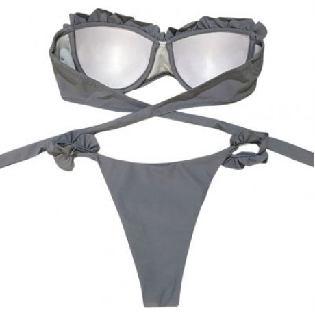 Sexy Strapless Padded Underwire Ruffle Solid Color Low Waist Women Bikini Set (LIGHT SLATE