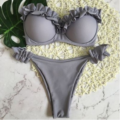 Sexy Strapless Padded Underwire Ruffle Solid Color Low Waist Women Bikini Set (LIGHT SLATE