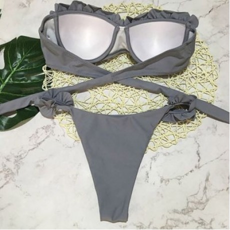 Sexy Strapless Padded Underwire Ruffle Solid Color Low Waist Women Bikini Set (LIGHT SLATE