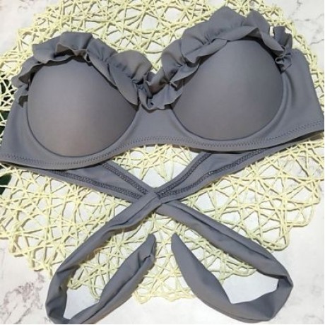Sexy Strapless Padded Underwire Ruffle Solid Color Low Waist Women Bikini Set (LIGHT SLATE