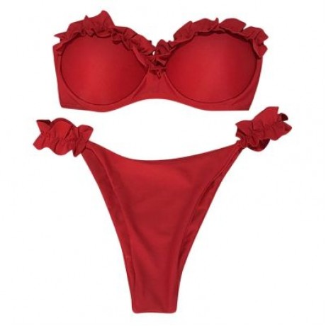 Sexy Strapless Padded Underwire Ruffle Solid Color Low Waist Women Bikini Set (RUBY RED)