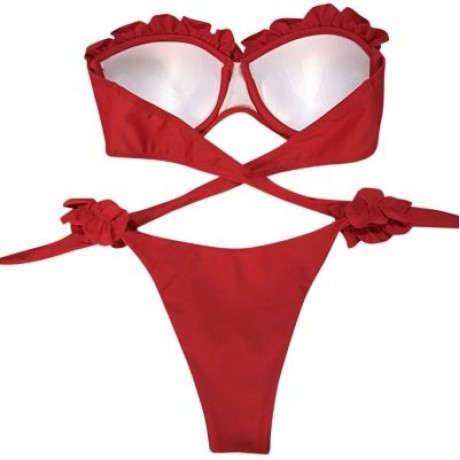 Sexy Strapless Padded Underwire Ruffle Solid Color Low Waist Women Bikini Set (RUBY RED)