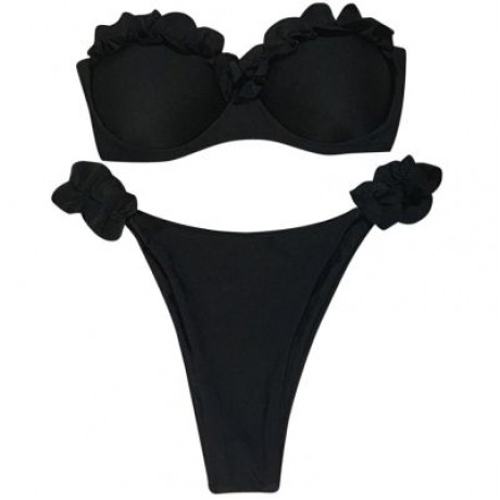 Sexy Strapless Padded Underwire Ruffle Solid Color Low Waist Women Bikini Set (BLACK)