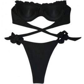Sexy Strapless Padded Underwire Ruffle Solid Color Low Waist Women Bikini Set (BLACK)