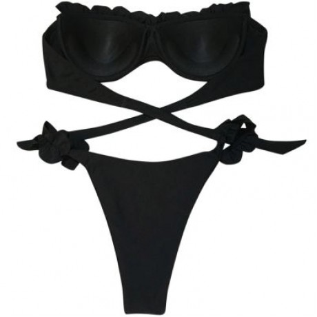 Sexy Strapless Padded Underwire Ruffle Solid Color Low Waist Women Bikini Set (BLACK)