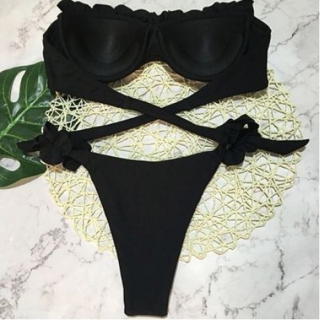 Sexy Strapless Padded Underwire Ruffle Solid Color Low Waist Women Bikini Set (BLACK)