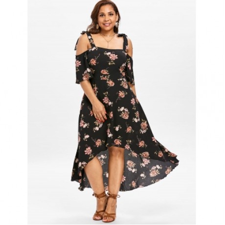 Plus Size Print Open Shoulder Flowy Dress (BLACK)