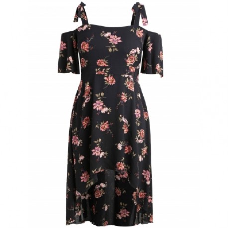 Plus Size Print Open Shoulder Flowy Dress (BLACK)