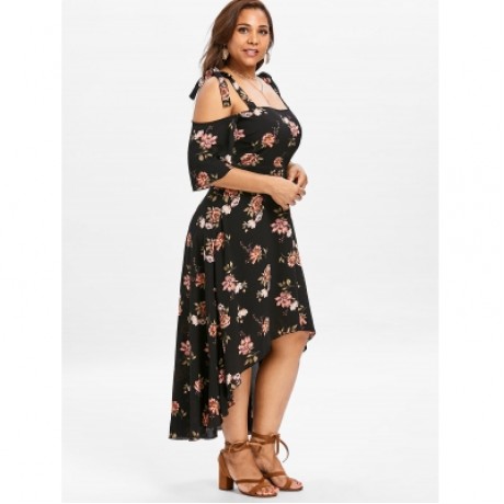 Plus Size Print Open Shoulder Flowy Dress (BLACK)