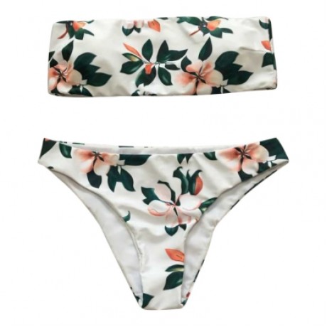 Sexy Strapless Padded Floral Print Mid Waist Women Bikini Set (WHITE)