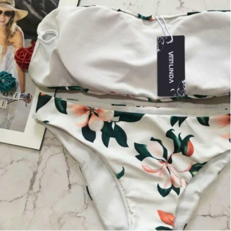 Sexy Strapless Padded Floral Print Mid Waist Women Bikini Set (WHITE)