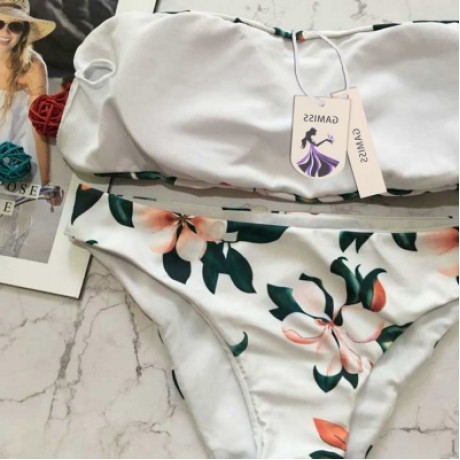 Sexy Strapless Padded Floral Print Mid Waist Women Bikini Set (WHITE)