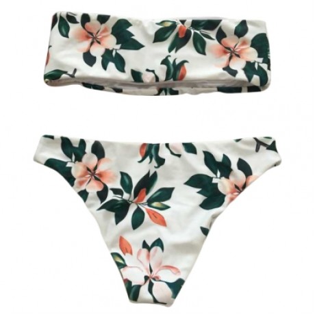 Sexy Strapless Padded Floral Print Mid Waist Women Bikini Set (WHITE)