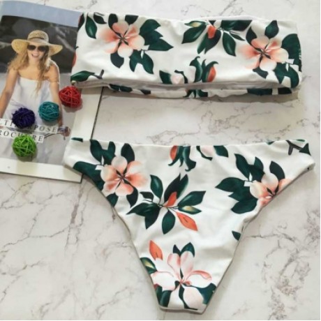 Sexy Strapless Padded Floral Print Mid Waist Women Bikini Set (WHITE)