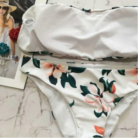Sexy Strapless Padded Floral Print Mid Waist Women Bikini Set (WHITE)
