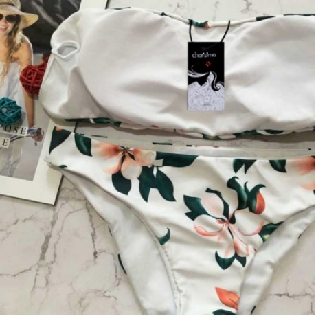 Sexy Strapless Padded Floral Print Mid Waist Women Bikini Set (WHITE)