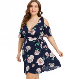 Plus Size Open Shoulder Wrap Dress (DEEP BLUE)