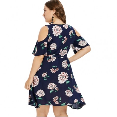 Plus Size Open Shoulder Wrap Dress (DEEP BLUE)