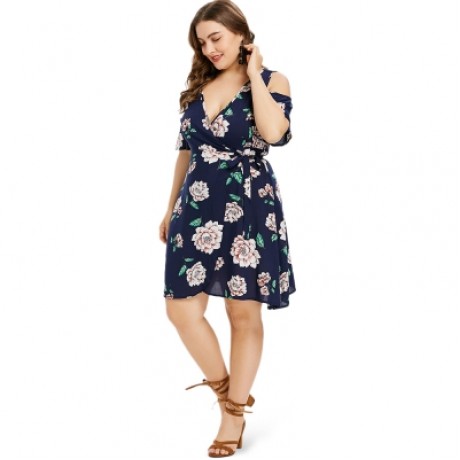 Plus Size Open Shoulder Wrap Dress (DEEP BLUE)