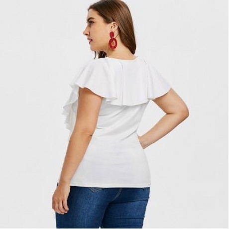 Criss Cross Plus Size Ruffle Insert T-shirt (WHITE)