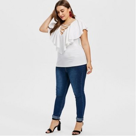 Criss Cross Plus Size Ruffle Insert T-shirt (WHITE)