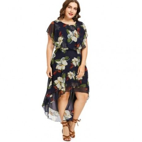 Plus Size Flower Print Flowy Dress (MIDNIGHT BLUE)