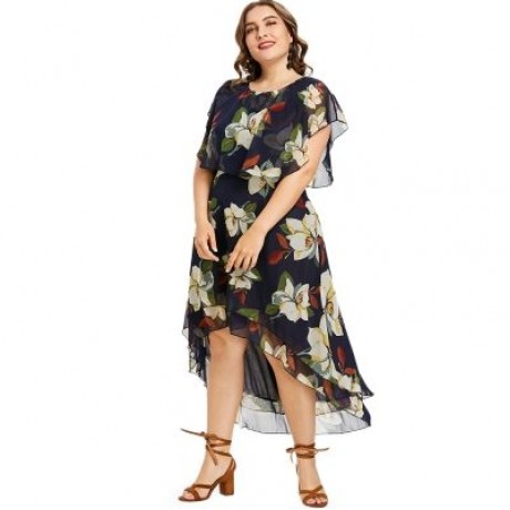 Plus Size Flower Print Flowy Dress (MIDNIGHT BLUE)