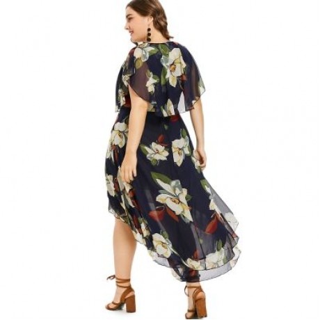 Plus Size Flower Print Flowy Dress (MIDNIGHT BLUE)