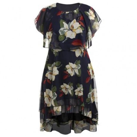 Plus Size Flower Print Flowy Dress (MIDNIGHT BLUE)