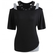 Shoulder Cut Half Sleeve T-shirt with Rivet (BLACK)