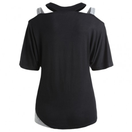 Shoulder Cut Half Sleeve T-shirt with Rivet (BLACK)