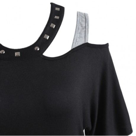 Shoulder Cut Half Sleeve T-shirt with Rivet (BLACK)