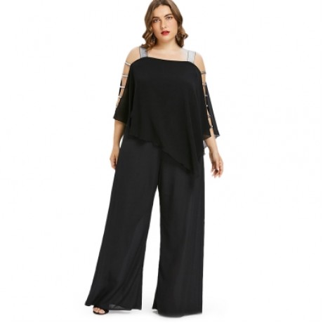 Plus Size Ladder Cut Out Capelet Jumpsuit (BLACK)