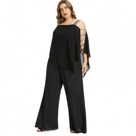 Plus Size Ladder Cut Out Capelet Jumpsuit (BLACK)