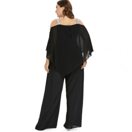 Plus Size Ladder Cut Out Capelet Jumpsuit (BLACK)
