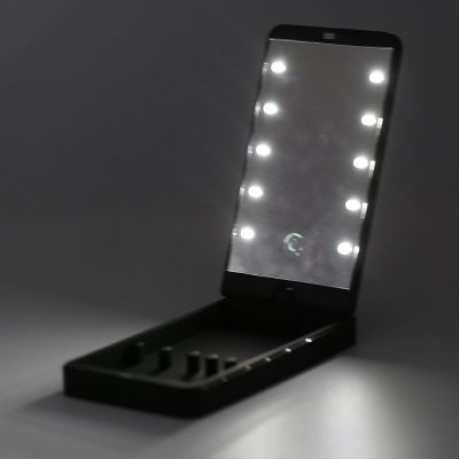 Portable Rotation LED Makeup Mirror with Organizer Stand (BLACK)