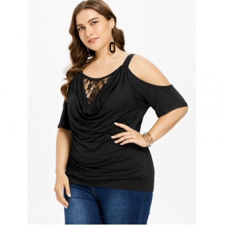 Plus Size Cowl Neck Blouson T-shirt (BLACK)