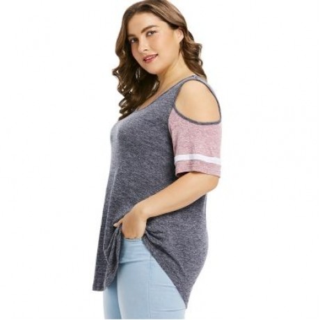 Plus Size Color Blocking Cold Shoulder Swing T-shirt (GRAY)