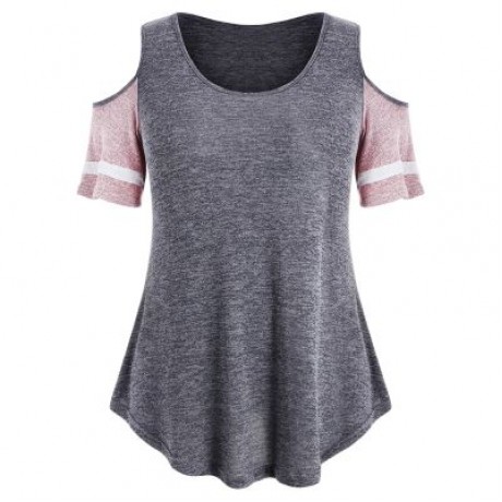Plus Size Color Blocking Cold Shoulder Swing T-shirt (GRAY)