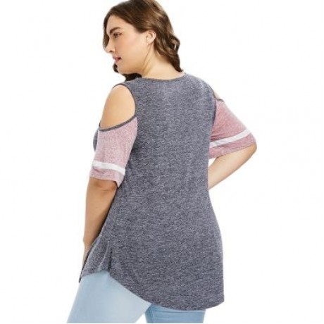 Plus Size Color Blocking Cold Shoulder Swing T-shirt (GRAY)