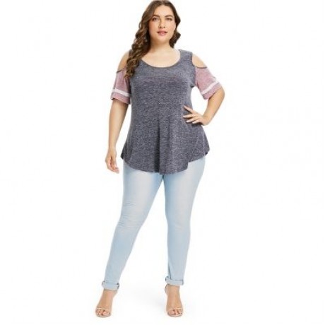 Plus Size Color Blocking Cold Shoulder Swing T-shirt (GRAY)