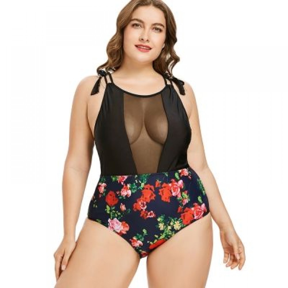 Plus Size Racerback Floral Swimsuit (BLACK)