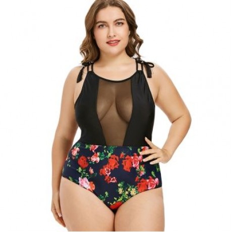 Plus Size Racerback Floral Swimsuit (BLACK)