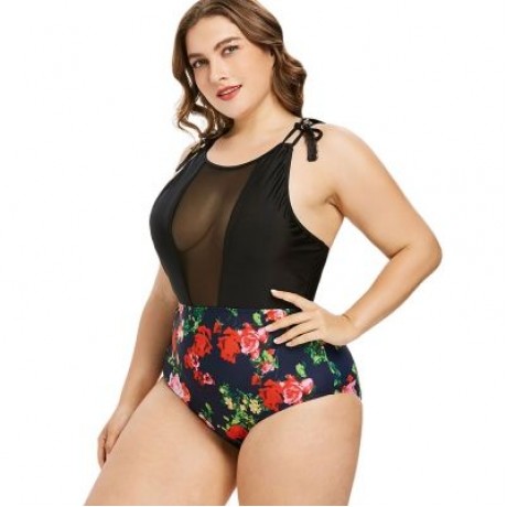 Plus Size Racerback Floral Swimsuit (BLACK)