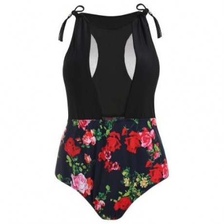 Plus Size Racerback Floral Swimsuit (BLACK)