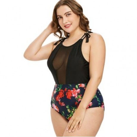 Plus Size Racerback Floral Swimsuit (BLACK)