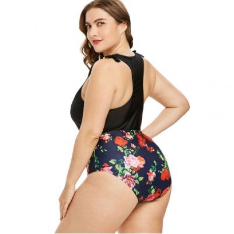 Plus Size Racerback Floral Swimsuit (BLACK)