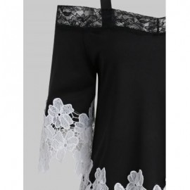 Lace Panel Open Shoulder Applique T-shirt (BLACK)
